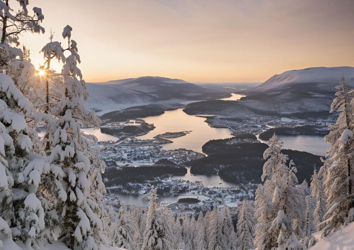 Foto av snødekt skoglandskap og by i det fjerne